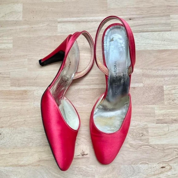 Charles Jourdan Shoes - Vintage Red / pink satin slingback heel Charles Jourdan size 10